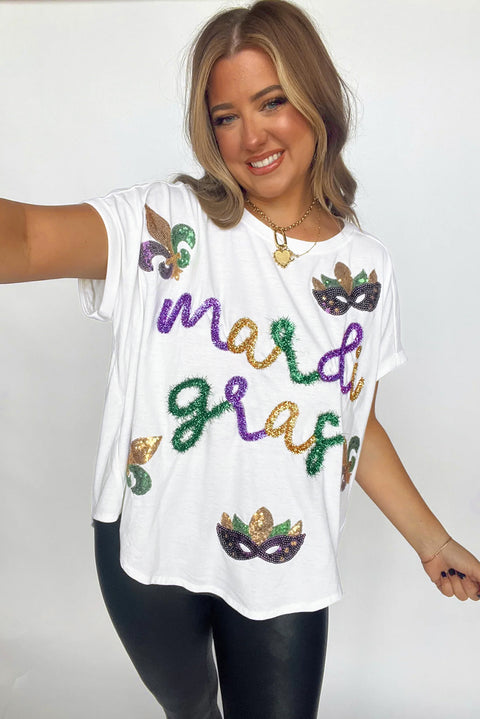 White Mardi Gras Tinsel Sequin Graphic T Shirt