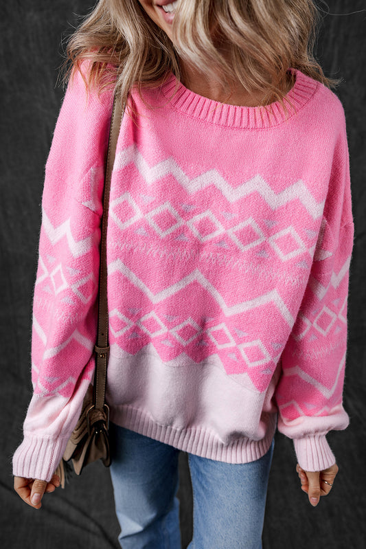 Pink Western Aztec Geometric Drop Shoulder Sweater