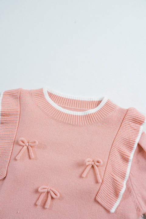 Light Pink Ruffled Bowknot Ribbed Trim Long Sleeve Sweater