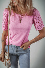 Pink Eyelet Embroidery Scalloped Sleeve Round Neck T Shirt