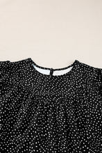 Black Dotted Ruffle Sleeve Crew Neck Ruched Blouse