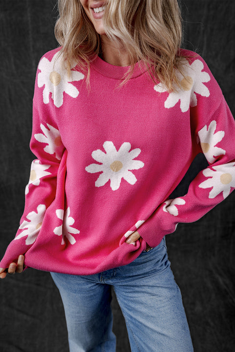 Bright Pink Daisy Flower Crew Neck Long Sleeve Sweater