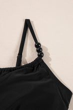 Black Beaded Spaghetti Straps Ruched Overlapped One Piece Swimsuit