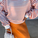 Orange Stripe Drop Shoulder Crew Neck Loose Sweatshirt