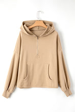 Parchment Fleece Lined Half Zipper Kangaroo Pockets Loose Hoodie