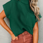 Blackish Green Patch Pocket Ribbed Knit Short Sleeve Sweater