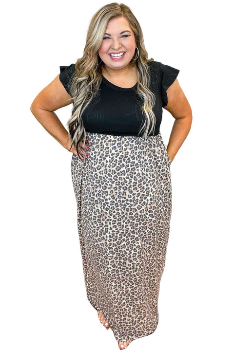 Leopard Patchwork Ribbed Maxi Dress with Pockets