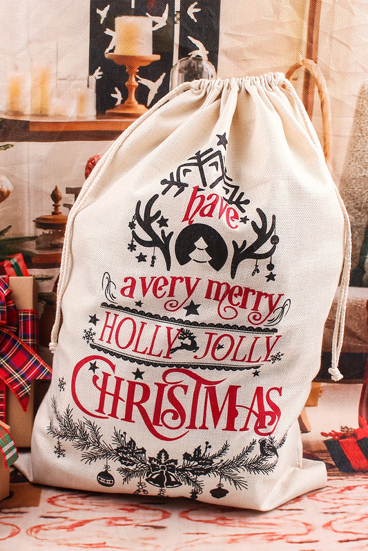 White Christmas Pattern Print Drawstring Large Gift Sack