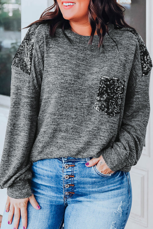 Top de talla grande de manga larga con patchwork de lentejuelas gris 