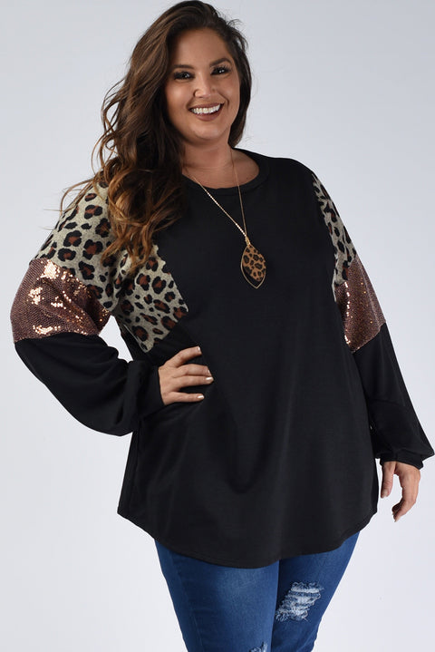 Black Leopard Sequin Patch Plus Size Long Sleeve Top