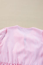 Pink Stripe Bowknot Front Crew Neck Puff Sleeve Blouse