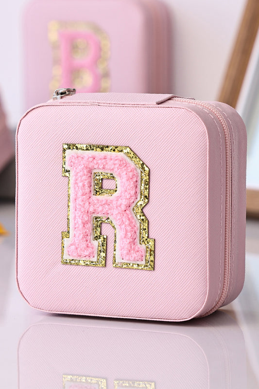 Pink R Chenille Patch Jewelry Box with Mirror