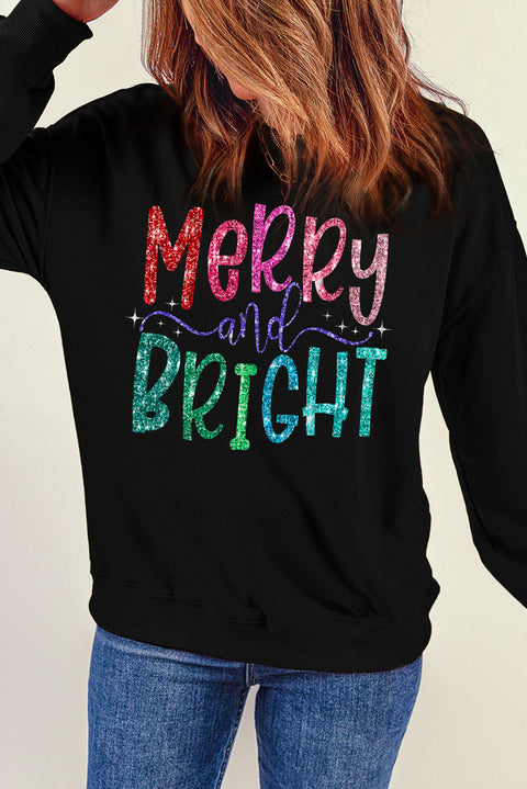 Black Glittering Merry and Bright Graphic Christmas Pullover Sweatshirt