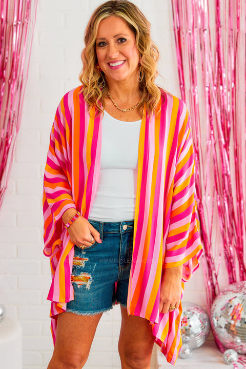 Rose Stripe Wide Sleeve Open Front Kimono