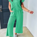 Bright Green Solid Corded Knit Short Sleeve T Shirt and Wide Leg Pants Set