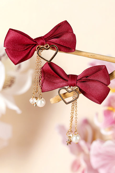 Racing Red Bow Knot Heart Pearl Tasseled Hair Clips