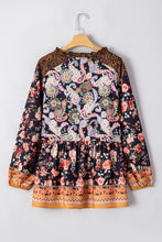 Black Plus Size Paisley Floral Print V Neck Bubble Sleeve Blouse