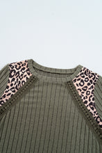 Moss Green Leopard Print Crochet Patchwork Rib Textured Knit Top