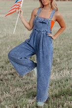 Light Blue Mineral Wash Buttoned Straps Wide Leg Denim Overalls