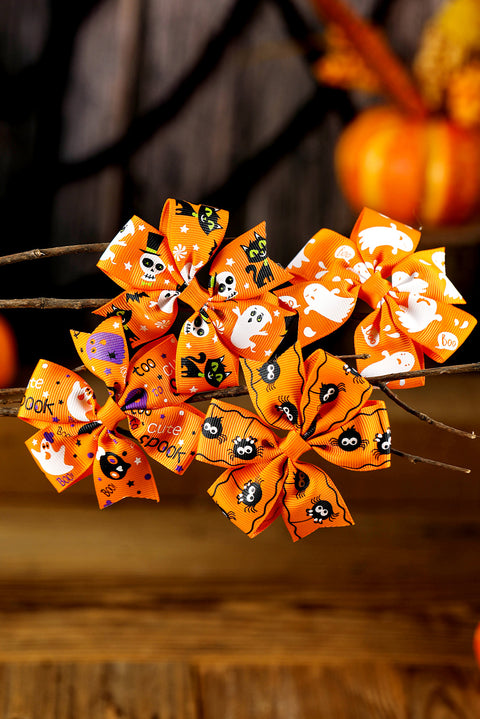 Citrus Ghost Spider Skull Printed Bow Halloween 4 Pcs Hair Clip Set