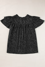 Black Dotted Ruffle Sleeve Crew Neck Ruched Blouse