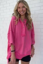 Rose Red Exposed Seam Button Neck Wide Sleeve Tunic Top