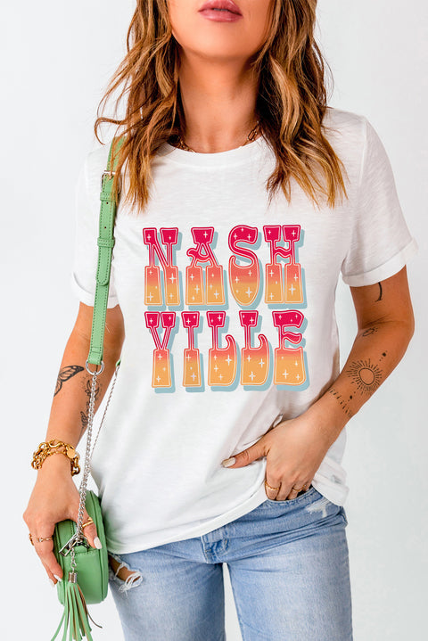 White NASHVILLE Starry Print Crew Neck Oversized T Shirt