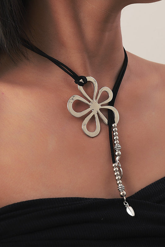 Silvery Hollow Out Floral Leather Rope Y-shaped Necklace