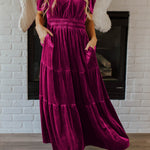 Red Dahlia Velvet Short Sleeve Shirred Waist Tiered Maxi Dress