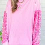 Pink Sequin Patchwork Long Sleeve Pullover Top