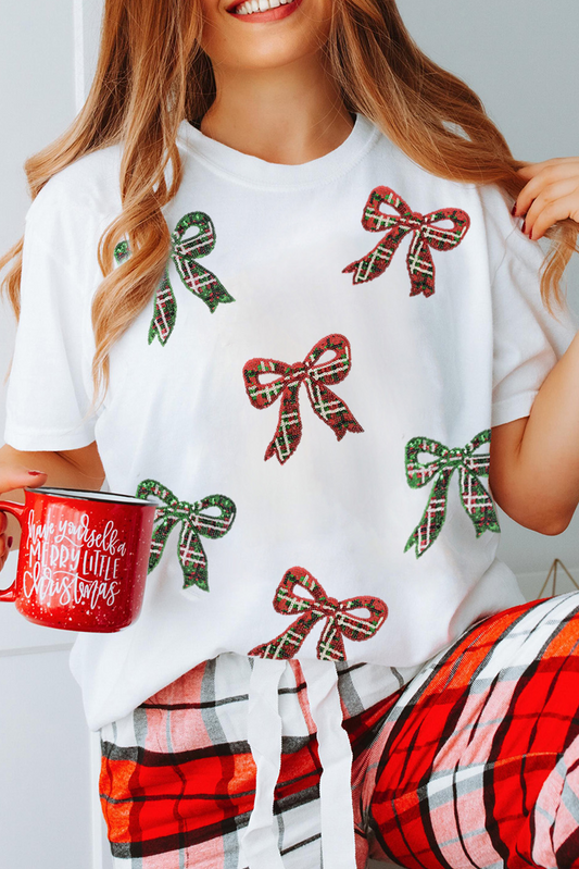 White Christmas Bowknot Graphic Cotton Blend T Shirt