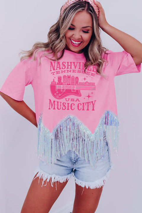 Pink NASHVILE MUSIC CITY Graphic Sequin Fringed Hem Tee