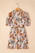 Brown Abstract Printed Puff Sleeve Button Up Braided Belt Mini Dress