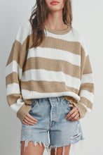 Light French Beige Colorblock Striped Drop Shoulder Side Slit Sweater