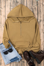 Brown Solid Kangaroo Pocket Half Zipper Oversized Hoodie