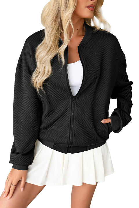 Black Solid Textured Stand Neck Zipper Bomber Jacket