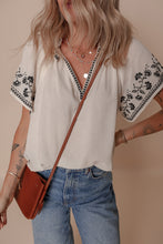 White Floral Embroidered Short Sleeve V Neck Blouse