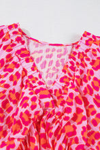 Pink Leopard Print Elasticated V Neck 3/4 Puff Sleeve Dress