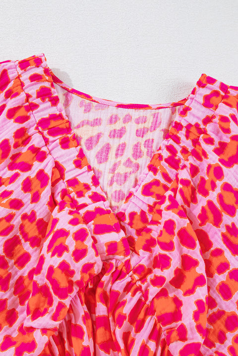 Pink Leopard Print Elasticated V Neck 3/4 Puff Sleeve Dress