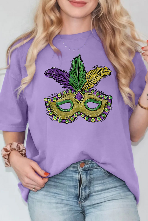 Wisteria Mardi Gras Mask Graphic Crew Neck Festival T Shirt