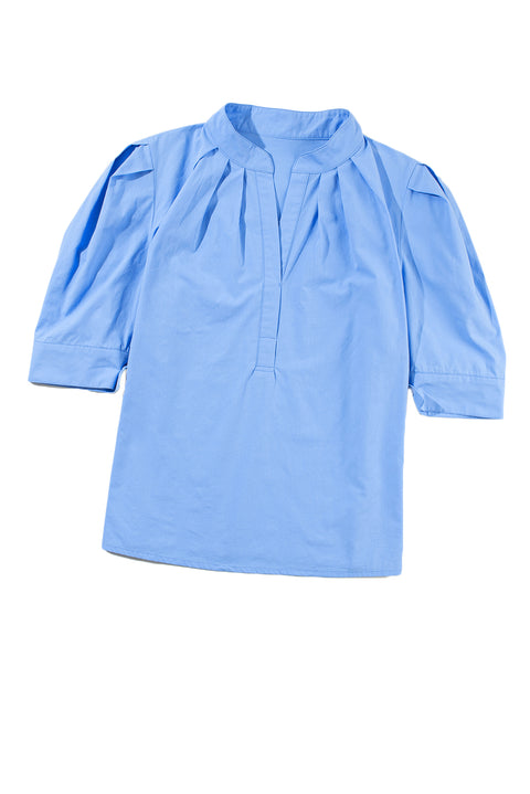 Sky Blue Solid 3/4 Sleeve Buttoned Stand Neck Shirt