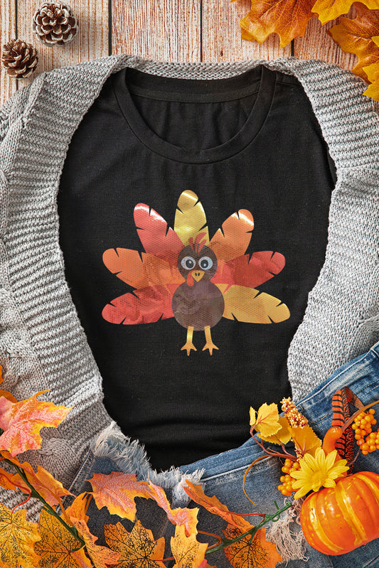 Black Leafy Turkey Graphic Crewneck Thanksgiving T Shirt