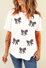 White Sequin Mardi Gras Bow Graphic Crewneck Tee