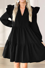 Black V Neck Tiered Ruffled Dress with Pockets