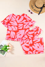 Strawberry Pink Abstract Palm Printed Ruffled Top and Wide Leg Pants Set