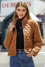 Chestnut Sherpa Plush Quilted Puffer Patchwork Zipped Coat