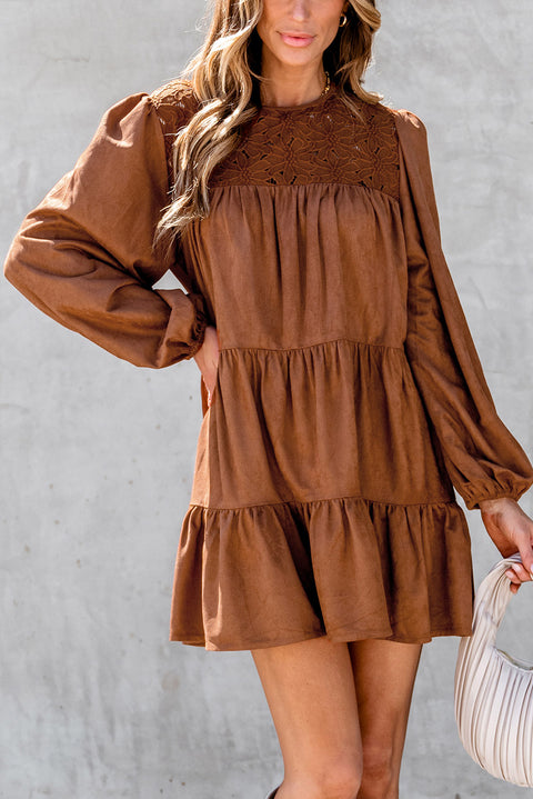 Chestnut Floral Lace Crochet Tiered Ruffled Mini Dress