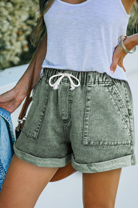 Pocketed Drawstring High Waist Denim Shorts