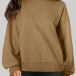 Brown Solid O Neck High Low Hem Pullover Sweatshirt