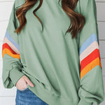 Moonlight Jade Rainbow Striped Sleeve Crew Neck Loose Sweatshirt